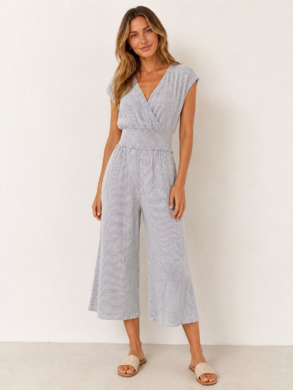 3/$30 Grey and White Stripe Seersucker Stretch Jumpsuit